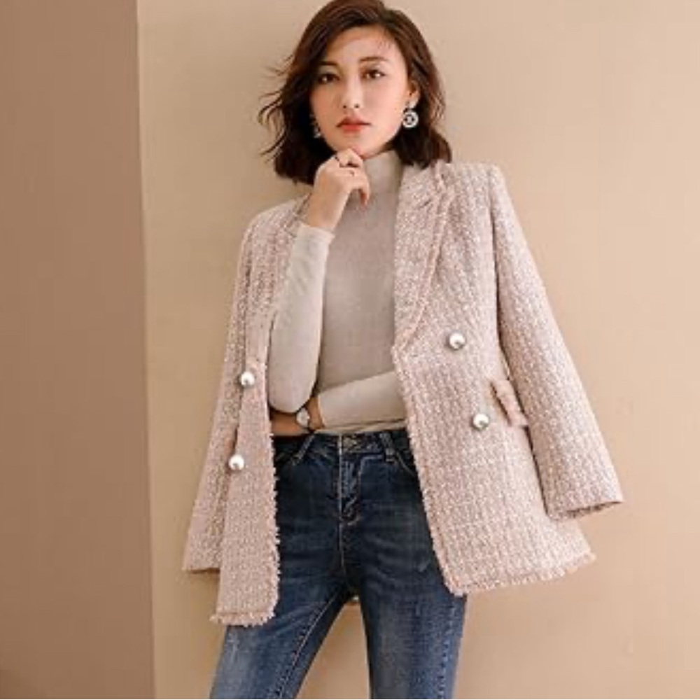 Pink & Cream Tweed Double Breasted Blazer Faux Pearl Buttons size Medium
